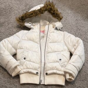 Copper Key White Puffer Jacket with Faux Fur Trim